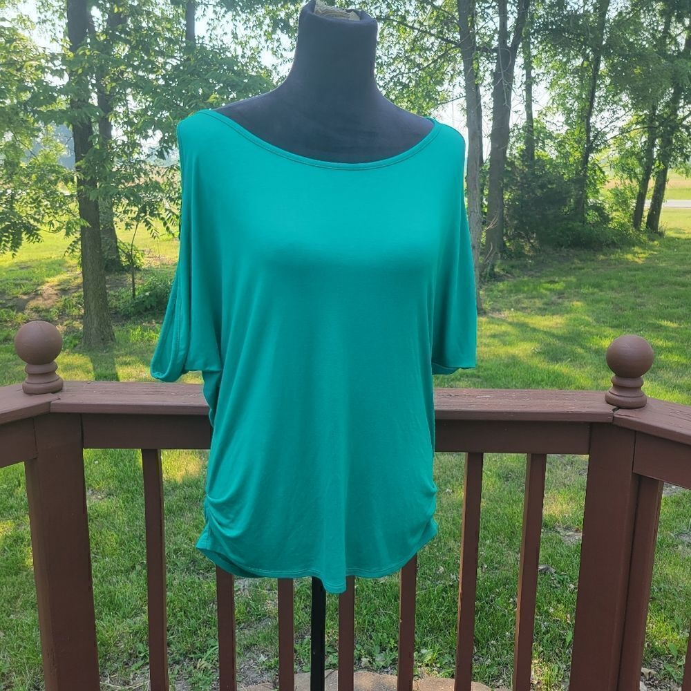 iliad USA Ladies Blouse Scoop Neck Cold Shoulder Tie Back Teal XL